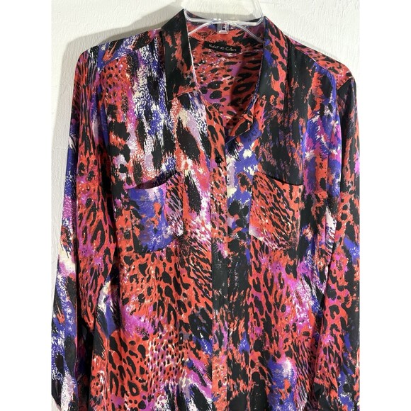 Violet & Claire Womens Large Violet Pink Orange Leopard Animal Collar Button Top - Picture 1 of 7